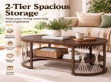 2-Tier Oval Coffee Table, 37.8" x 19.7" x 18.1", Melamine MDF & Iron Frame, Rattan Shelf, Walnut 26028317