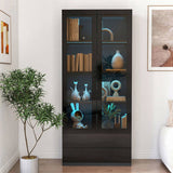 Display Cabinet with Glass Doors, Curio Storage Cabinet with 2-Drawer, Bookcase with LED Lights, W331P279829