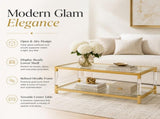 Modern Acrylic Leg Coffee Table, Double Layer Tempered Glass Top with Golden Metal Frame, W1727P194947