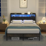 Queen Bed Frame, Ergonomic Headboard with Multi-Space Storage, Bedframe with Charging Station RGB B2716P332042