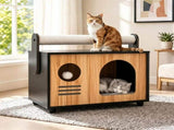 Wooden Cat Cave House Dual-Use Sisal Scratching Post Handle, Engineered Wood Indoor Cat Condo 10623708