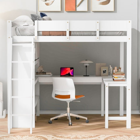 ZUN Full Size Loft Bed with Desk and Shelf - White 34270044