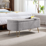 ZUN Grey Storage Ottoman Bench for End of Bed Gold Legs, Modern Grey Faux Fur Entryway Bench Upholstered W117082033