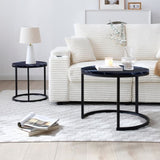 Set 2 Coffee Table Nesting Black top Black Frame Circular Round and Marble Pattern Wooden Tables, 62287079