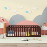 Twin Size Wood Floor Bed Frame with Fence and Door, Walnut WF299299AAL