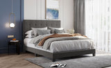 ZUN Upholstered Platform Bed with Tufted Headboard, Box Spring Needed, Gray Linen Fabric, Queen Size WF280787AAE