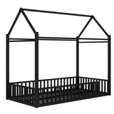 Twin size House Floor Bed with Detachable Slats, Versatile Metal House bed with Guardrails, W1580P324213