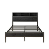 Full Size Bed Frame with Storage Headboard, Metal Platform Bed with Charging Station, Bookcase W840P241043