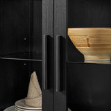 A high arched storage cabinet with a lamp, a modern retro-style wooden storage cabinet with 29334122