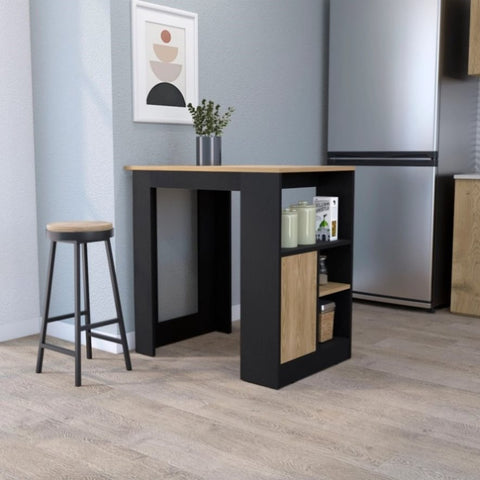 ZUN Black and Natural Oak 1-Door Kitchen Island with Open Storage B062P227648