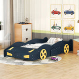 Twin Size Race Car-Shaped Platform Bed with Wheels and Storage, Dark BlueYellow WF305759AAC
