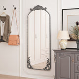 58"x24" Arched Full Body Mirror with Vintage Ornate Carved Applique on Top and Bottom, Hanging Wall W757P286274