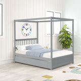 Full Size Canopy Bed with Twin Trundle, Kids Solid Wood Platform Bed Frame w/ Headboard, No Box W69740998