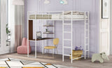 ZUN Twin Metal Loft Bed with 2 Shelves and one Desk ,WHITE 65092120