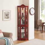 Lighted Corner Curio Cabinet with Tempered Glass Doors & Shelves - Elegant Cherry Display Case with W1758P294650