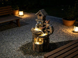 Outdoor Garden Water Fountain 3-Tier Cascading Waterfall with LED Lights, Water Wheel & Birdhouse 43826815