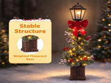 4FT Snow Flocked Christmas Lamp Post with 50 Warm White LED Lights, Large Red Bow & Pine Cones, 06658502