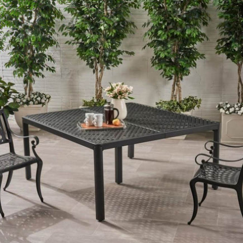 ZUN Outdoor Modern Aluminum Dining Table with Woven Accents, Antique Matte Black 65144.00BLK