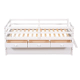 ZUN Low Loft Bed Twin Size with Full Safety Fence, Climbing ladder, Storage Drawers and Trundle White WF312991AAK