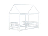 Twin Size House Floor Wooden Bed with Roof Frame,Safety Guardrails,White W504P286403