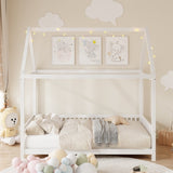 Wood Full Size House Bed with Guardrail and LED, White N709P177524K