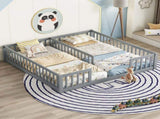 Double Twin Floor Bed with Fence, Guardrails, without door, Grey W504P143285
