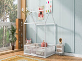 Full Size Metal House Bed with Fence and Door, White MF315933AAK