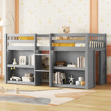 Twin Size Kid Low Loft Bed With Two-Tier Shelves And LED Light For Grey Color W697P153473