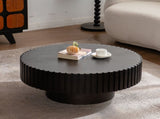 Round Coffee Table Handcrafted Relief Sturdy Pedestal Wooden Olive-Shaped Tea Table for Living Room W3081P255062