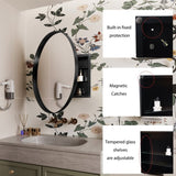 31.5 Inch Surface Mount Round Metal Framed Medicine Cabinet with Mirror and Adjustable Shelves Black W1435P194674