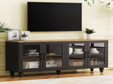 ON-TREND Farmhouse TV Stand with Tempered Glass Doors for TVs Up to 70", Versatile Sideboard with N721P206052B