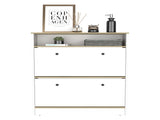 Shoe Rack 46" H, One Open Storage Shelf, Two Internal Storage Drawers, Two Doors, Light Oak / White B097133215