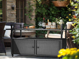 Outdoor Bar Cart Table, Large Wicker Island Rolling Cart, Wheeled Buffet Serving Cart with Glass Top 27563014