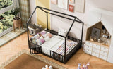 Full Size Metal House Bed with Fence and Door, Black MF315933AAB