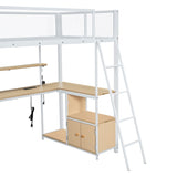 Twin Size Metal Loft Bed with Built-in Work Station, LED and Multiple Storage, White 81360789