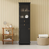 ZUN 63" Tall Bathroom Storage Cabinet with Glass Doors, Free-Standing, Two Drawers, and Adjustable N729P171305B