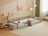 Kids' playpen bed with door and board, grey twin wooden bed 14020700