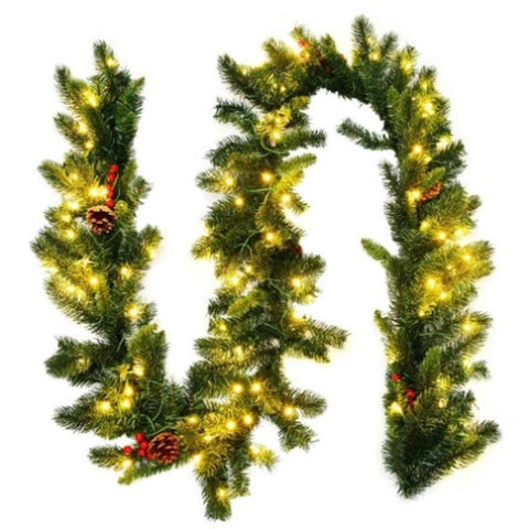 ZUN 9 Feet Christmas Garland Red Berrieswith LED Lights 13628884