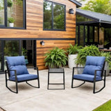 ZUN 3 Pieces Patio Bistro Set Outdoor Rocking Chair w Blue Cushion for Yard Garden Poolside W2071P201034