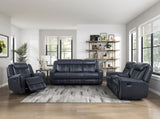 Modern Blue Dual Reclining Sofa with Center Drop-Down Cup Holders, Breathable Faux Leather B011P228161