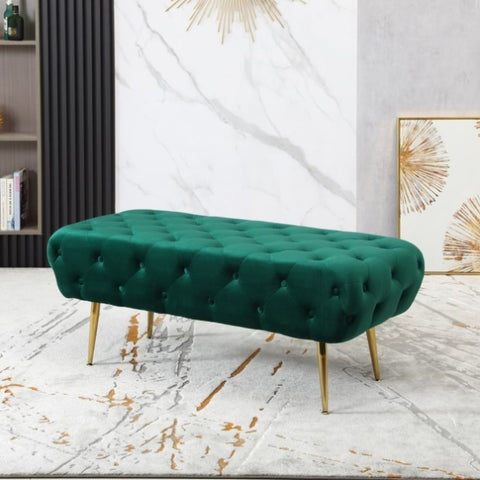 ZUN Sira Velvet Button Tufted Bench with Gold Metal Legs, Green T2574P164598