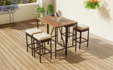 ZUN GO 5-Piece Outdoor Acacia Wood Bar Height Table And Four Stools With Cushions, Garden PE Rattan WF317873AAA