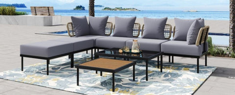 ZUN 8-Piece Patio Sectional Sofa Set with Tempered Glass Coffee Table and Wooden Coffee Table for 06042451