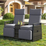 Patio Recliner Loveseat Chair, Adjustable Backrest Wicker Outdoor Lounge Chair Set with Acacia Wood 98839028