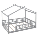 Full Size Wood Bed House Bed Frame with Fence, for Kids, Teens, Girls, Boys,Gray WF302177AAE