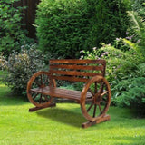 Rustic 2-Person Wooden Wagon Wheel Bench with Slatted Seat and Backrest, 54868560