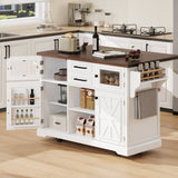 54.9" Kitchen Island with Drop Leaf, Power Outlet, Kitchen Storage Cart with 4 Door Shelves, Cross 57632975
