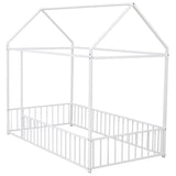 Twin Size Metal Bed House Bed Frame with Fence, for Kids, Teens, Girls, Boys, White MF304315AAK