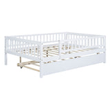 Full Size Wood Daybed with Trundle and Fence Guardrails, White WF301863AAK