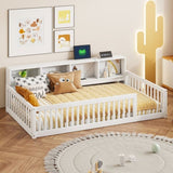 Wood Twin XL Size Floor Bed with Storage Cabinets and USB Ports, White N709P205811K